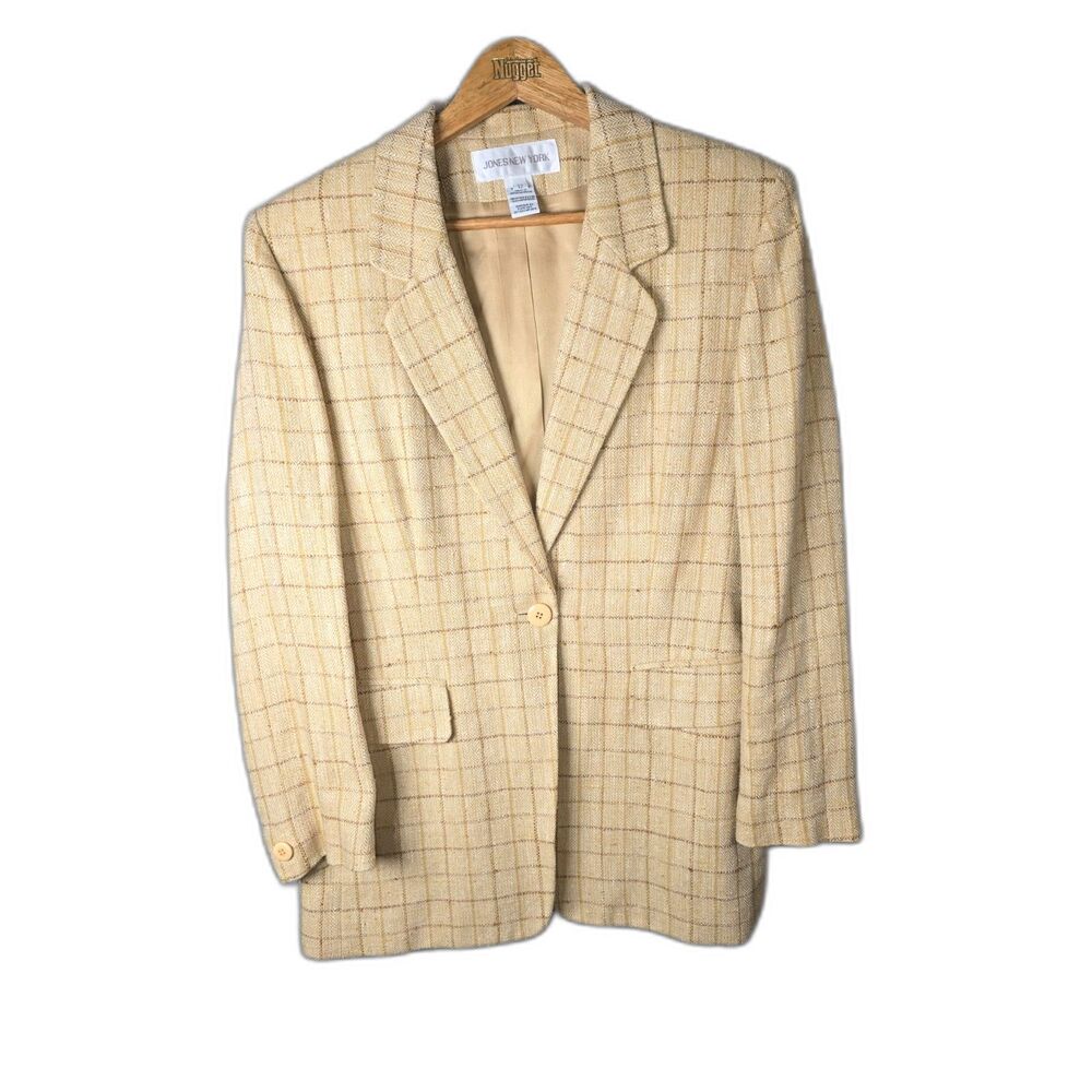 Jones New York Vintage Tan Plaid Silk Linen Blazer 12 Quiet Luxury Made USA